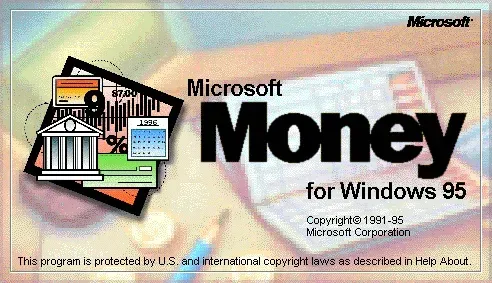 Splash screen for Microsoft Money for Windows 95, with a clip-art bank and calculator over a photo of a desk.