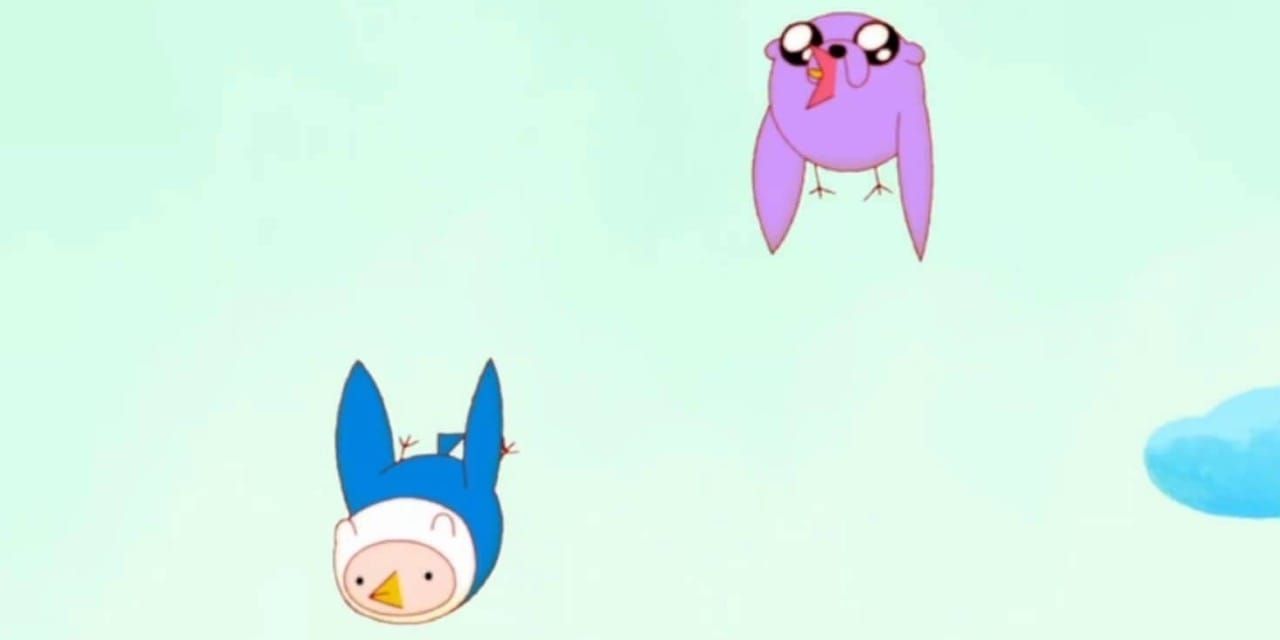 Finn and Jake from Adventure Time drawn as small birds tumbling through a pale green sky.